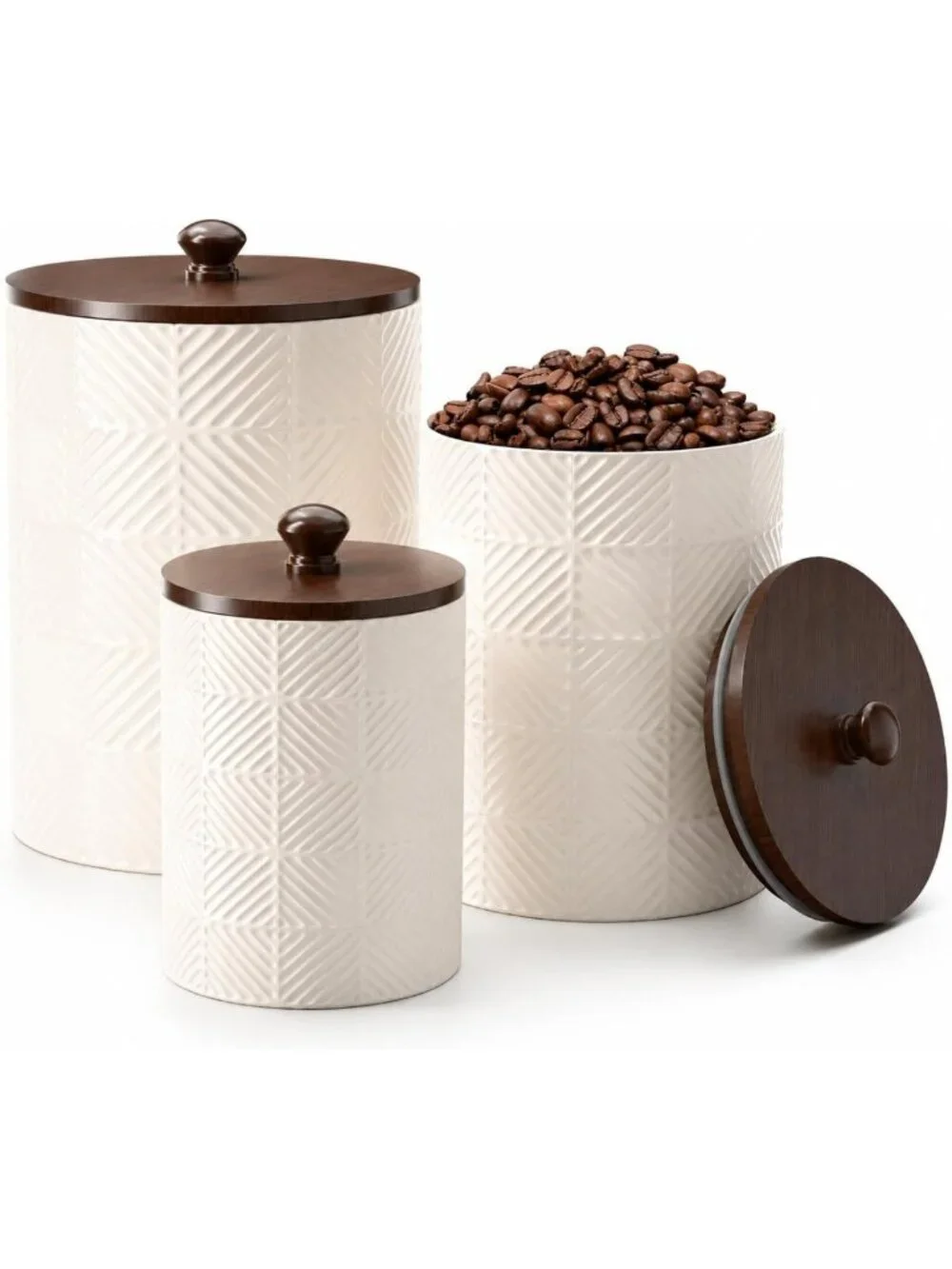 Airtight Ceramic Kitchen Canister Set of 3 with Bamboo Lids - Flour, Sugar, Tea